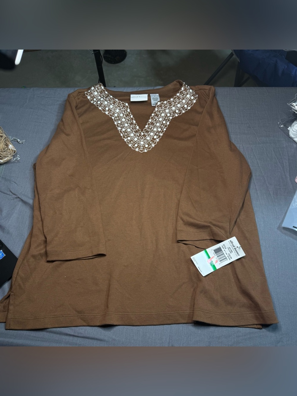 Alfred Dunner Brown V-Neck Long 3/4 Sleeve Top with Pearl Trim